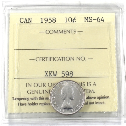 1958 Canada 10-cents ICCS Certified MS-64