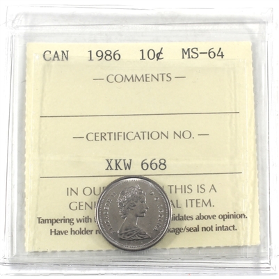 1986 Canada 10-cents ICCS Certified MS-64