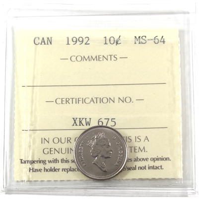 1992 Canada 10-cents ICCS Certified MS-64