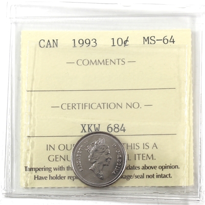 1993 Canada 10-cents ICCS Certified MS-64