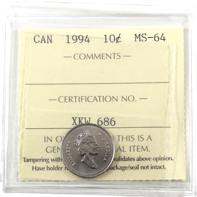 1994 Canada 10-cents ICCS Certified MS-64
