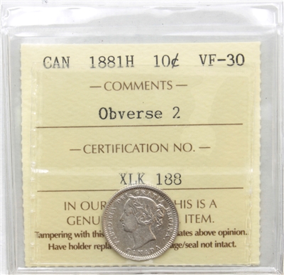 1881H Obv. 2 Canada 10-cents ICCS Certified VF-30