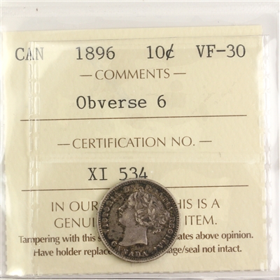1896 Obv. 6 Canada 10-cents ICCS Certified VF-30