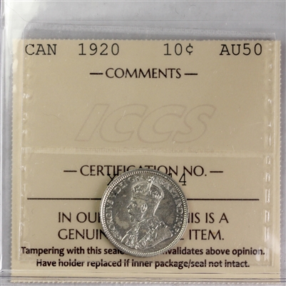 1920 Canada 10-cents ICCS Certified AU-50