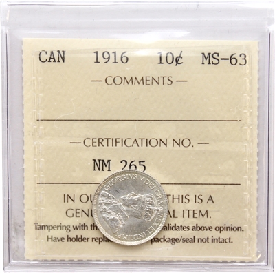 1916 Canada 10-cents ICCS Certified MS-63 (NM 265)