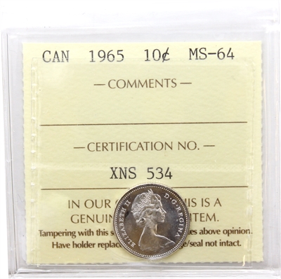 1965 Canada 10-cents ICCS Certified MS-64