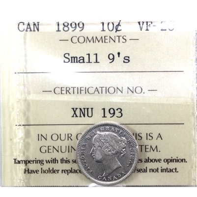 1899 Small 9's Canada 10-cents ICCS Certified VF-20