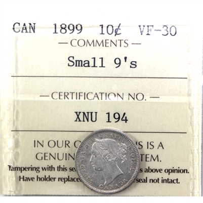 1899 Small 9's Canada 10-cents ICCS Certified VF-30