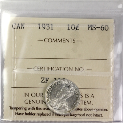 1931 Canada 10-cents ICCS Certified MS-60 (ZF 110)