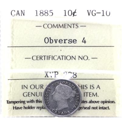 1885 Obv. 4 Canada 10-cents ICCS Certified VG-10 (XVP 228)