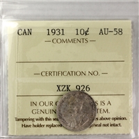 1931 Canada 10-cents ICCS Certified AU-58
