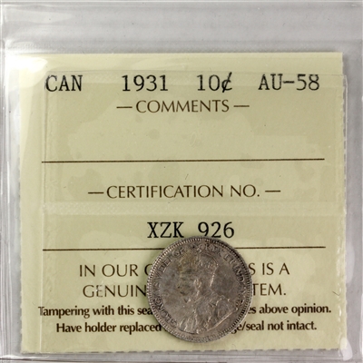 1931 Canada 10-cents ICCS Certified AU-58