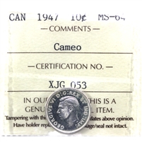 1947 Canada 10-cents ICCS Certified MS-64 Cameo (XJG 053)