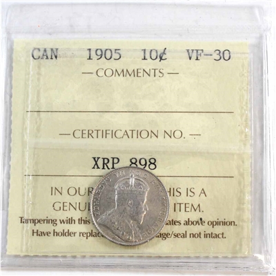 1905 Canada 10-cents ICCS Certified VF-30