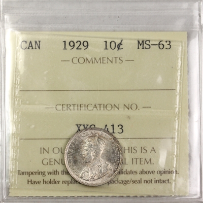 1929 Canada 10-cents ICCS Certified MS-63 (XYG 413)