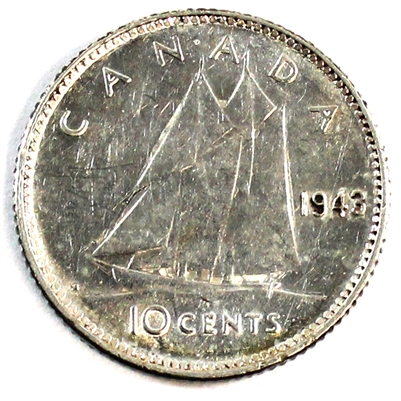 1943 Re-Engraved Canada 10-cents Almost Uncirculated (AU-50)