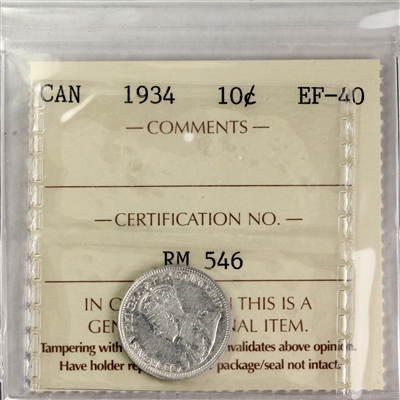 1934 Canada 10-cents ICCS Certified EF-40