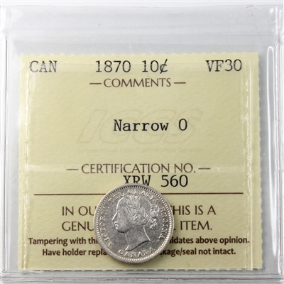 1870 Narrow 0 Canada 10-cents ICCS Certified VF-30 (XRW 560)