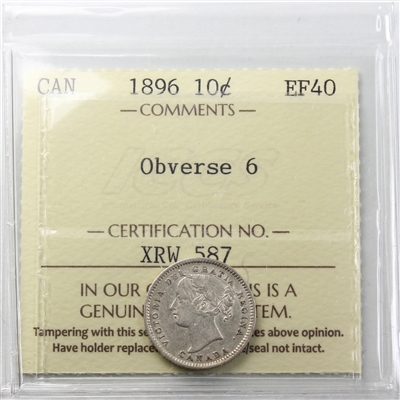 1896 Obv. 6 Canada 10-cents ICCS Certified EF-40