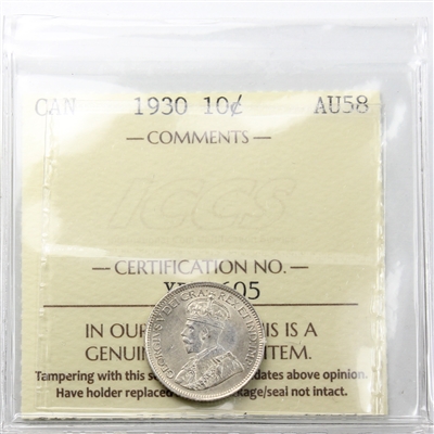 1930 Canada 10-cents ICCS Certified AU-58