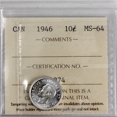 1946 Canada 10-cents ICCS Certified MS-64 (GG 374)