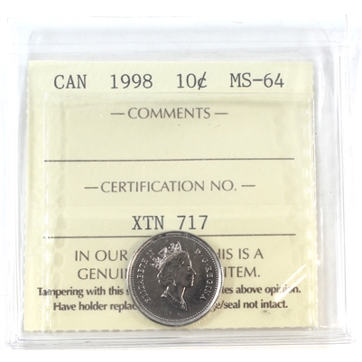 1998 Canada 10-cents ICCS Certified MS-64