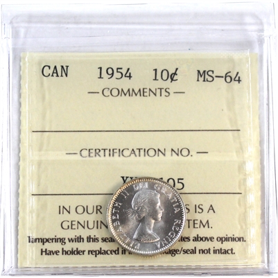 1954 Canada 10-cents ICCS Certified MS-64