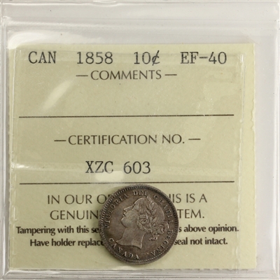 1858 Canada 10-cents ICCS Certified EF-40 (XZC 603)