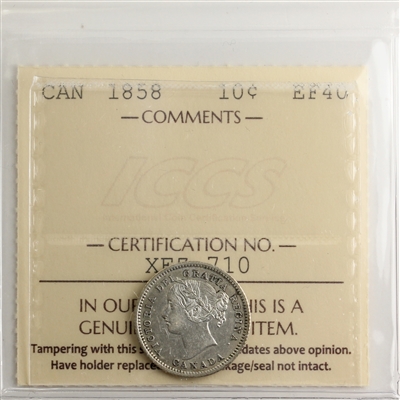 1858 Canada 10-cents ICCS Certified EF-40 (XEZ 710)