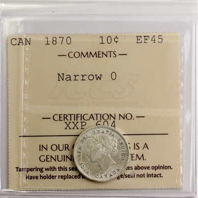 1870 Narrow 0 Canada 10-cents ICCS Certified EF-45 (XXP 604)