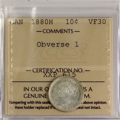 1880H Obv. 1 Canada 10-cents ICCS Certified VF-30