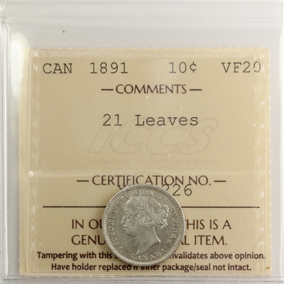 1891 21 Leaves Canada 10-cents ICCS Certified VF-20