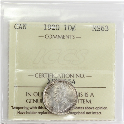 1920 Canada 10-cents ICCS Certified MS-63 (XRN 654)