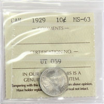 1929 Canada 10-cents ICCS Certified MS-63 (UT 059)