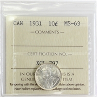 1931 Canada 10-cents ICCS Certified MS-63 (XCL 797)