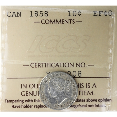 1858 Canada 10-cents ICCS Certified EF-40 (XZD 208)