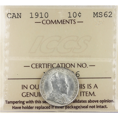 1910 Canada 10-cents ICCS Certified MS-62 (XVV 286)