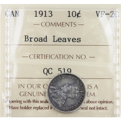 1913 Broad Leaves Canada 10-cents ICCS Certified VF-20