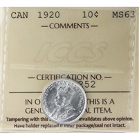 1920 Canada 10-cents ICCS Certified MS-63 (XZD 252)