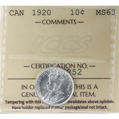 1920 Canada 10-cents ICCS Certified MS-63 (XZD 252)