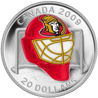 2009 Canada $20 Ottawa Senators NHL Goalie Mask & Acrylic Stand Sterling Silver (scuffed capsule)