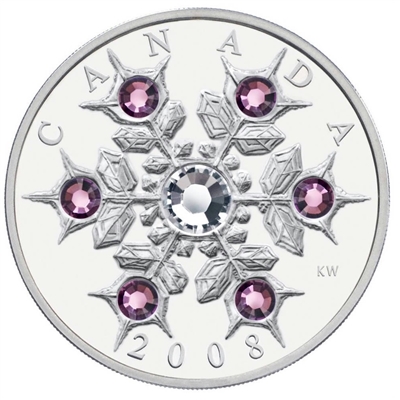 2008 Canada $20 Amethyst Crystal Snowflake Fine Silver