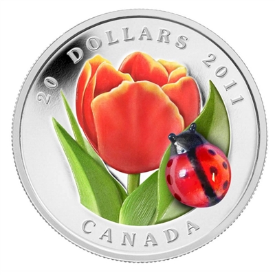 RDC 2011 Canada $20 Tulip with Venetian Glass Ladybug Fine Silver (scratched capsule)