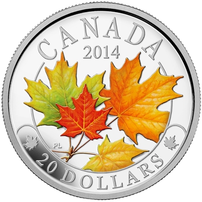 2014 Canada $20 Majestic Maple Leaves with Colour Fine Silver (No Tax)