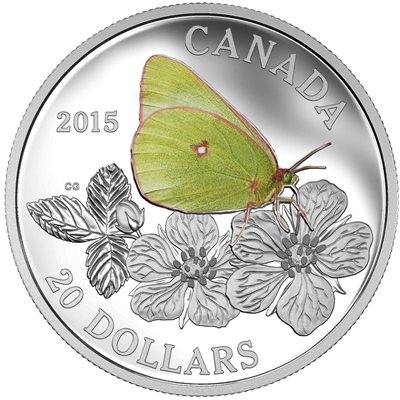 RDC 2015 $20 Butterflies of Canada - Giant Sulphur Silver (No Tax) scratched capsule