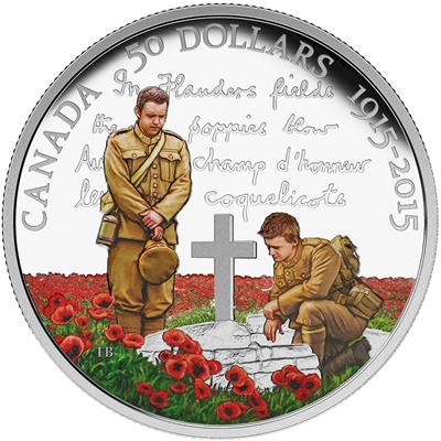 RDC 2015 Canada $50 In Flanders Field Centennial Coloured 5oz. Silver (No Tax) scratched capsule