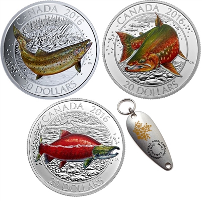2016 Canadian Salmonids $20 3-coin Set with Fishing Lure (TAX Exempt)