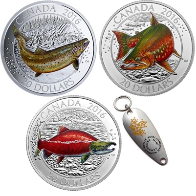 RDC 2016 Canadian Salmonids $20 3-coin Set with Fishing Lure (No Tax) Impaired