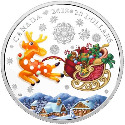 RDC 2018 Canada $20 Holiday Reindeer With Murano Glass Silver Coin (Creased Box)