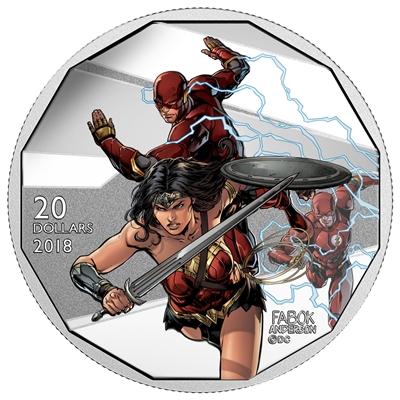 RDC 2018 Canada $20 Justice League: The Flash & Wonder Woman Silver (No Tax) Writing